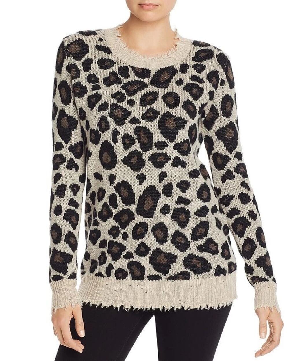 Aqua Mobwife Leopard Print 100% Cashmere Distressed Mock-Neck Sweater Small